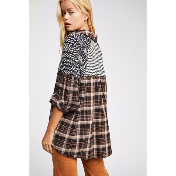 NEW FREE PEOPLE Sz S FIRESIDE NIGHTS BUTTONDOWN PLAID MIXED MEDIA - Picture 1 of 3